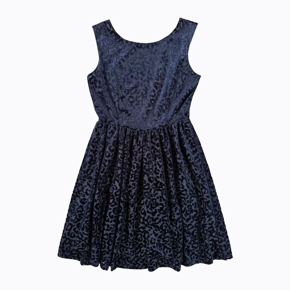 Velvet Burnout Dress SzS Navy Scoop Back Flocked Cheetah Fairy Grunge Whimsigoth - Picture 1 of 6